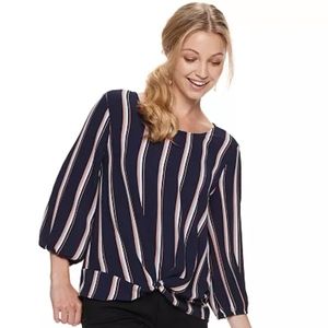 Pink Republic Juniors Navy Stripe Twist Front Blouse Navy Peach Size XXL